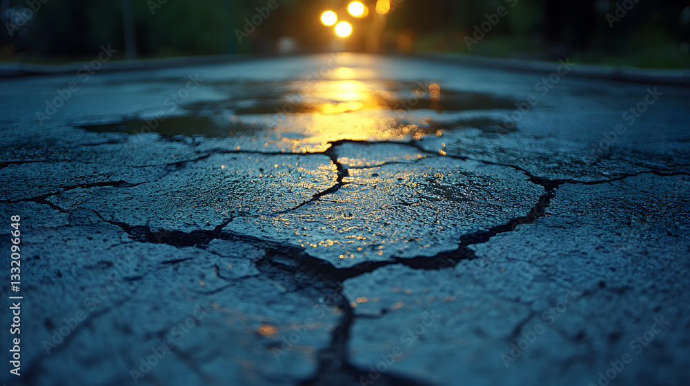 Obraz premium Urban Decay: The cracked asphalt of a deserted city road reflects the warm glow of streetlights, creating a stark contrast between the man-made and the elements.