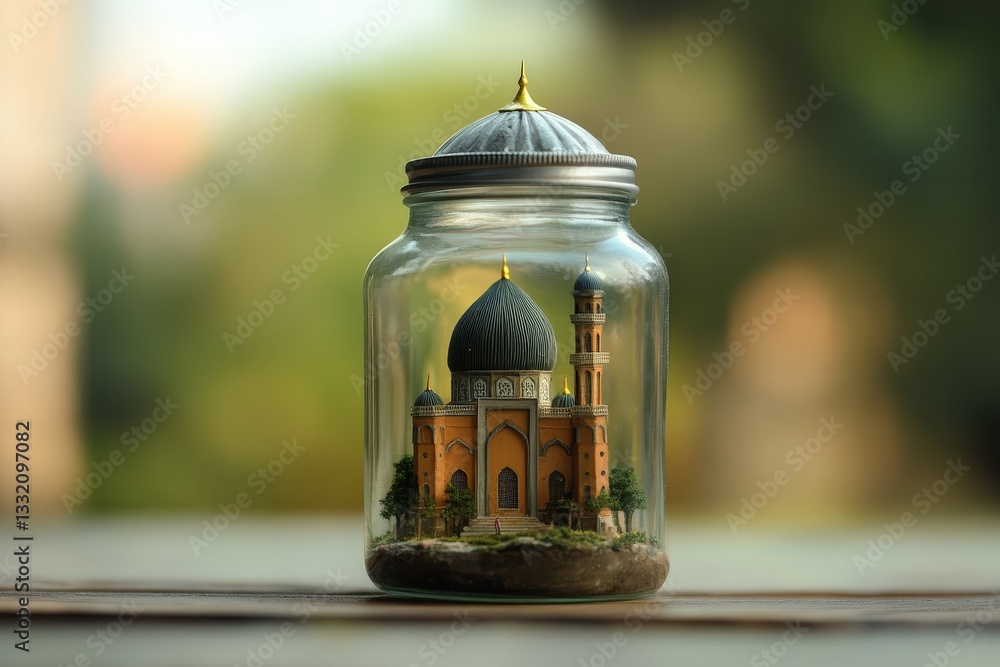 A miniature mosque contained inside a glass jar with lid A miniature mosque contained inside a glass jar with lid