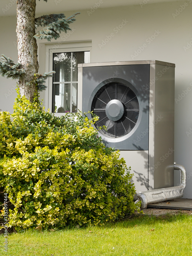 Modern house with powerful heat pump on garden, efficient heating with green energy concept