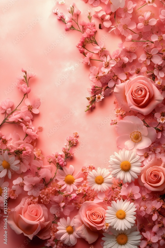 A delicate spring-themed design on a soft pink pastel background, featuring rose flowers, cherry blossoms, and daisies in a flat lay top view. Perfect for spring season promotions, wedding invitation A delicate spring-themed design on a soft pink pastel background, featuring rose flowers, cherry blossoms, and daisies in a flat lay top view. Perfect for spring season promotions, wedding invitation