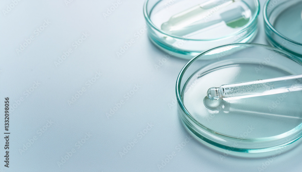 Natural Skincare Concept: Serum Bottle and Green Leaves in Petri Dish on White Background - Botanical Extract and Cosmetic Science Natural Skincare Concept: Serum Bottle and Green Leaves in Petri Dish on White Background - Botanical Extract and Cosmetic Science