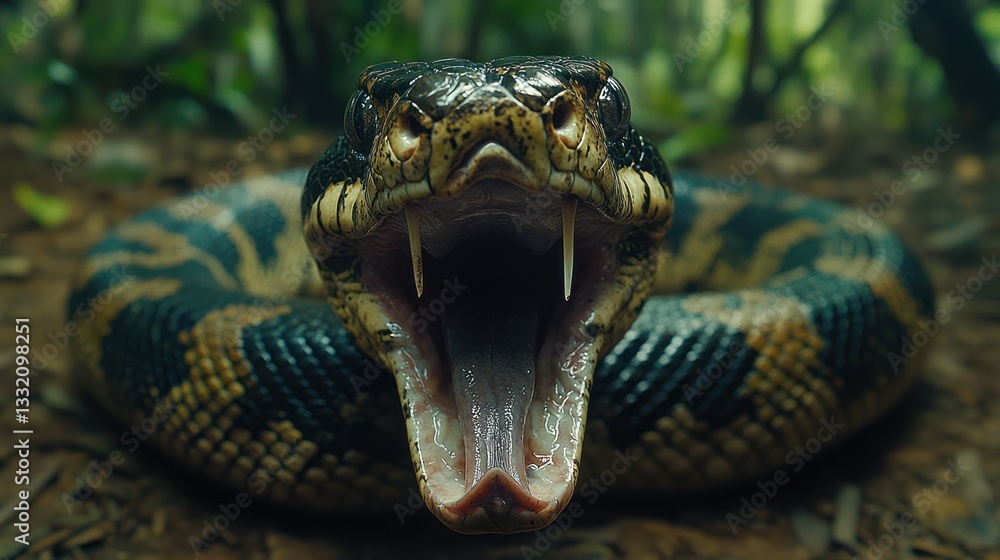 Fierce Close-up of a Snake with Open Mouth in Dense Jungle Environment Fierce Close-up of a Snake with Open Mouth in Dense Jungle Environment