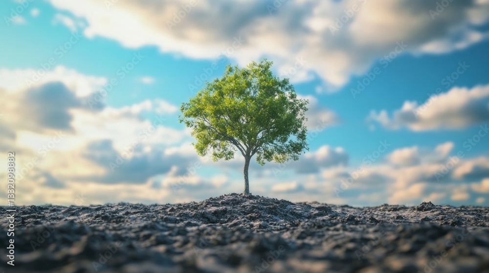 Lonely Green Tree Growing on Earth Under a Cloudy Blue Sky Lonely Green Tree Growing on Earth Under a Cloudy Blue Sky