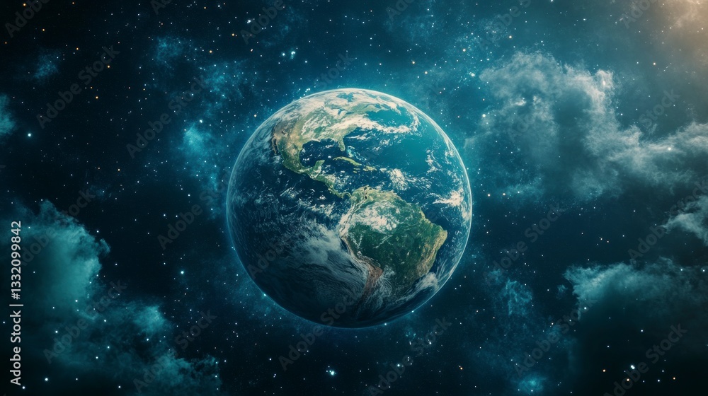 Obraz premium Earth Planet Floating in Starry Space Scene Illustration for Science Fiction