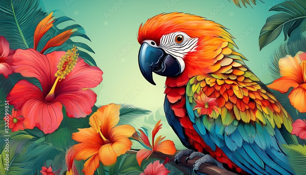 Obraz premium Exotic and vibrant image of a colorful parrot perched on a tropical branch amidst a profusion of beautiful hibiscus flowers, a true celebration of nature's beauty