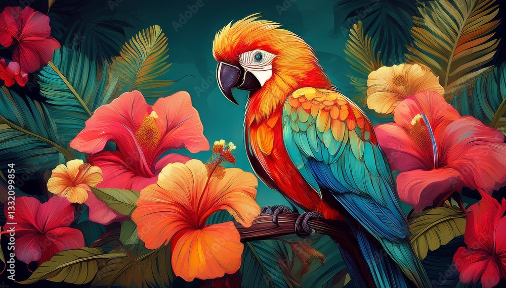 Obraz premium Exotic and vibrant image of a colorful parrot perched on a tropical branch amidst a profusion of beautiful hibiscus flowers, a true celebration of nature's beauty