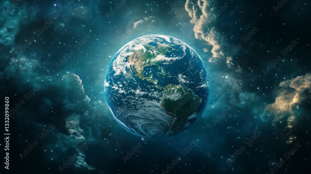 Obraz premium Earth Planet View From Space with Stars and Clouds Background