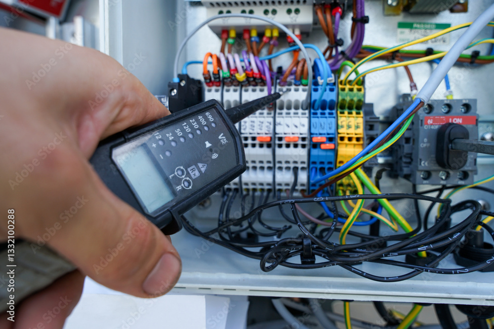Electrician with voltage tester working on industrial switchboard or distribution board application, electricity concept