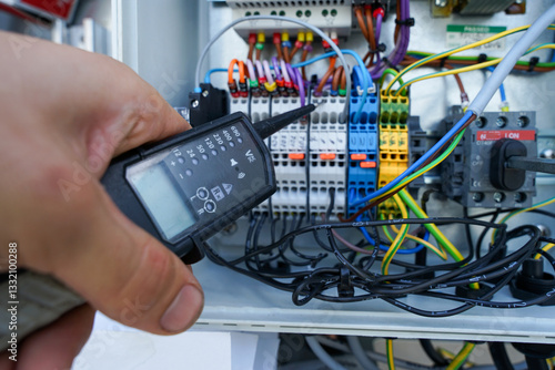 Obraz na płótnie Electrician with voltage tester working on industrial switchboard or distribution board application, electricity concept w salonie