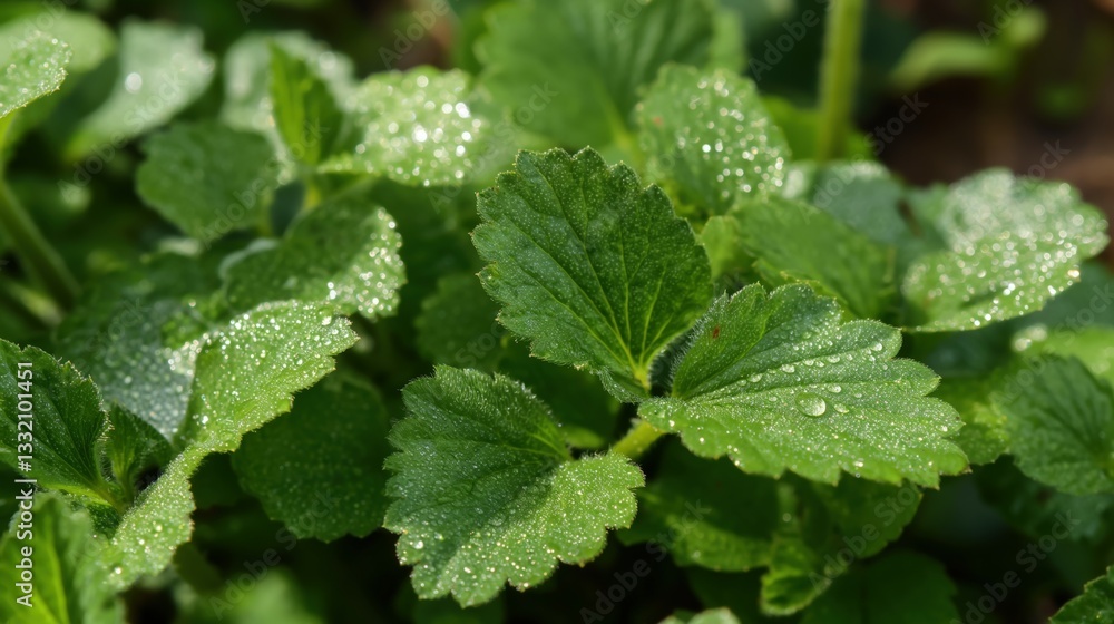 Close-Up of Dew Drops on Green Leaves Close-Up of Dew Drops on Green Leaves