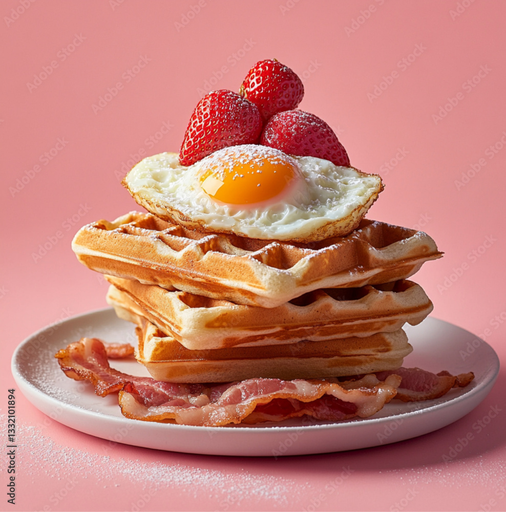 photo of pile of 3 waffles, frontal view, with strawberry on top, very little sugar powder, fried egg and bacon next to the pile, pink background, delicious photo of pile of 3 waffles, frontal view, with strawberry on top, very little sugar powder, fried egg and bacon next to the pile, pink background, delicious