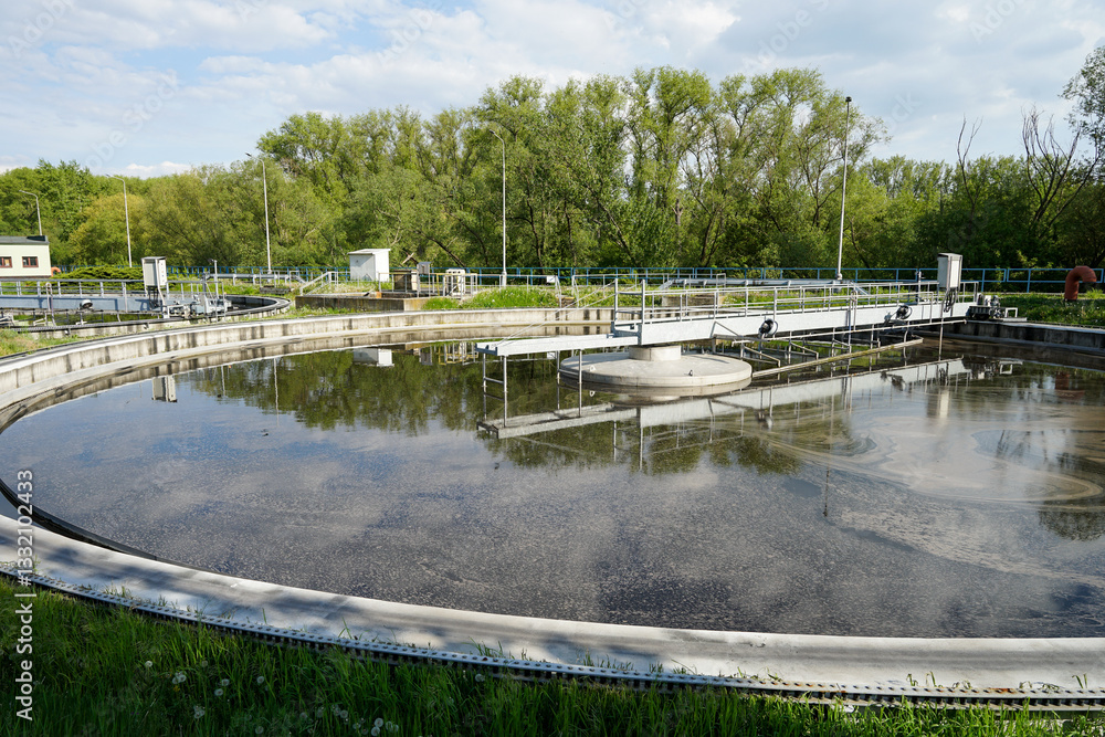 Sewage wastewater treatment facility, detail of stabilization pond, environmental concept