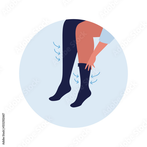 Varicose disease for healthcare concept. Vector flat illustration. Vascular ill diagnostic and treatment. Human leg in compression stocking with arrow symbol. Design for health care, education