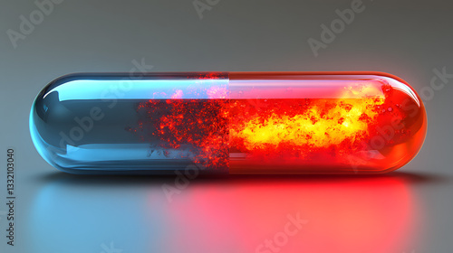 Dual-Effect Pill: A striking close-up of a transparent pill split, with a captivating visual representation of opposing forces; one side radiates cool blue light.
