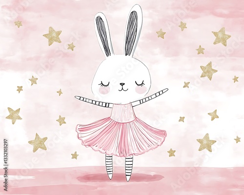 A Whimsical Adorable Bunny Dancing Among Sparkling Golden Stars