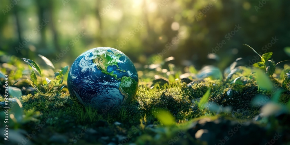 Earth Globe Resting in Forest Moss Symbolizing Environmental Awareness Earth Globe Resting in Forest Moss Symbolizing Environmental Awareness