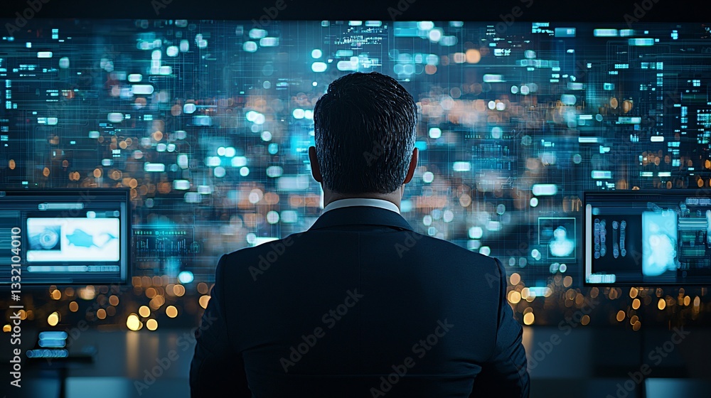 A corporate leader in a sleek suit overlooks a sprawling futuristic city, transparent skyscrapers with integrated AI systems, augmented reality billboards, smart grids pulsating with energy, A corporate leader in a sleek suit overlooks a sprawling futuristic city, transparent skyscrapers with integrated AI systems, augmented reality billboards, smart grids pulsating with energy,