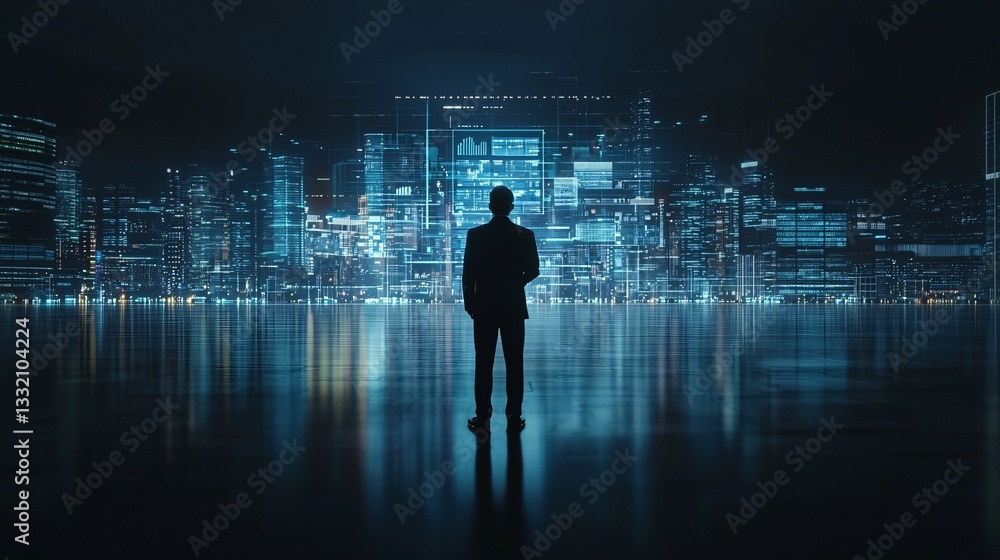 An entrepreneur in a digital metropolis, interacting with a holographic financial dashboard, city bathed in neon blues and purples, ultra-modern tech infrastructure, immersive cyberpunk energy, An entrepreneur in a digital metropolis, interacting with a holographic financial dashboard, city bathed in neon blues and purples, ultra-modern tech infrastructure, immersive cyberpunk energy,