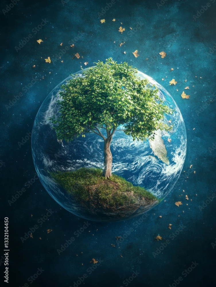 Obraz premium Lonely Tree Standing on Earth Globe Surrounded by Falling Leaves