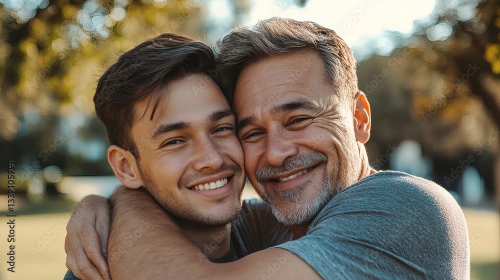 Naklejka premium A smiling father and son are embracing closely together