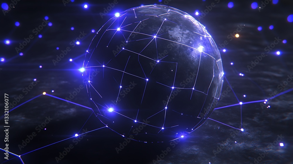 Glowing sphere connected by illuminated lines in dark space Glowing sphere connected by illuminated lines in dark space