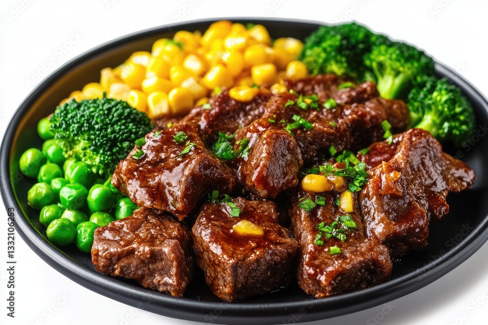 A plate of large chunks of cooked marinated beef is placed on a black plate. Corn, broccoli and peas are regularly distributed along the edge of the plate. A plate of large chunks of cooked marinated beef is placed on a black plate. Corn, broccoli and peas are regularly distributed along the edge of the plate.
