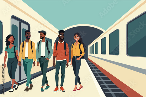 Diverse Young People Walking on Train Platform