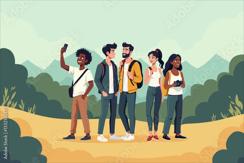 Vector illustration of a diverse group of young men and women hiking in the mountains, smiling, and taking pictures. They wear colorful, casual clothing and enjoy their outdoor adventure.