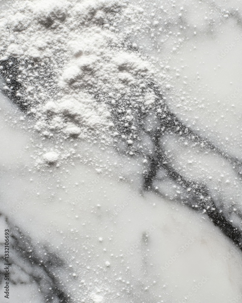 Powdered sugar sprinkled on marble countertop surface for baking Powdered sugar sprinkled on marble countertop surface for baking