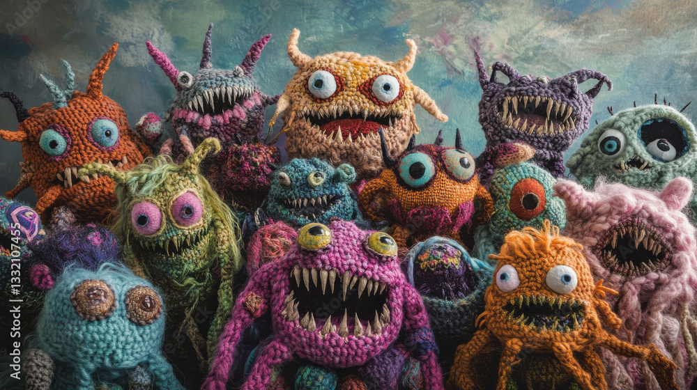 An artistic arrangement of custom-designed, knitted monster dolls, posed together in a visually harmonious composition An artistic arrangement of custom-designed, knitted monster dolls, posed together in a visually harmonious composition