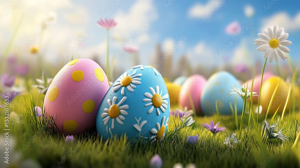 Decorated Easter Eggs in Grassy Meadow with Flowers and Sunny Sky Decorated Easter Eggs in Grassy Meadow with Flowers and Sunny Sky