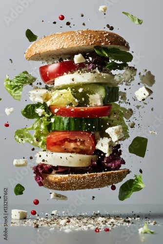 Dynamic food composition showcasing deconstructed sandwich elements