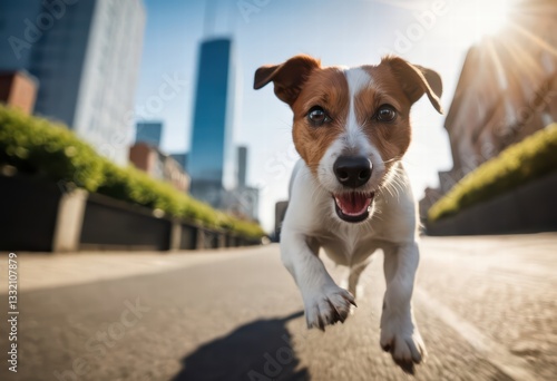 Fototapeta Naklejka Na Ścianę i Meble -  jack russel dog running outdoors in the street of a city, urban citylife