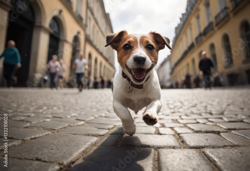 Fototapeta Naklejka Na Ścianę i Meble -  jack russell terrier running outdoors in the street of a city, citylife urban