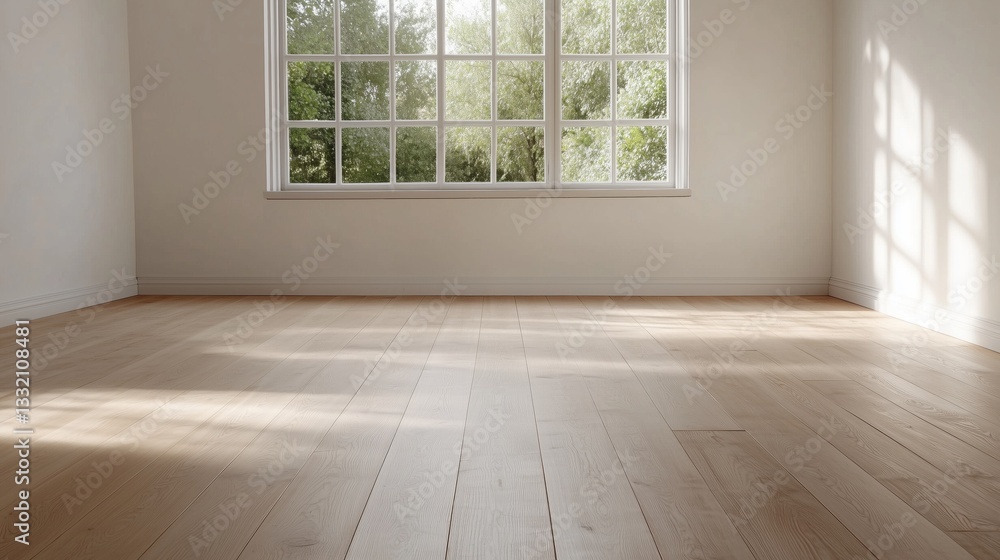 Fototapeta premium an empty room bathed in natural light from a large window. The room features a wooden floor and simple walls