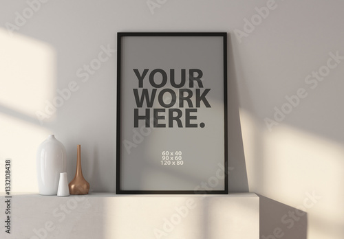 Vertical art poster frame mockup standing in room