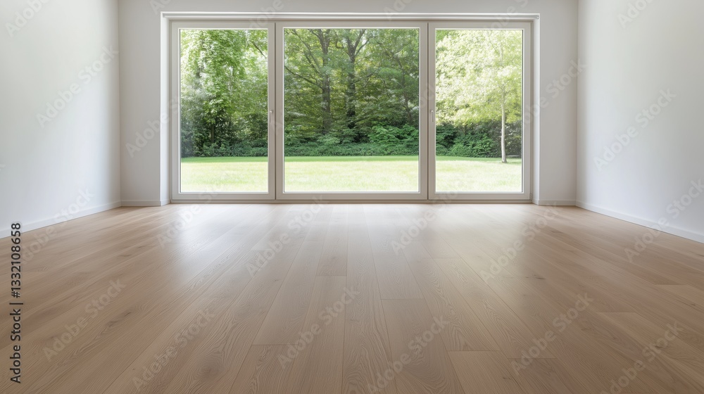 Fototapeta premium a modern empty room with a large window overlooking a green trees
