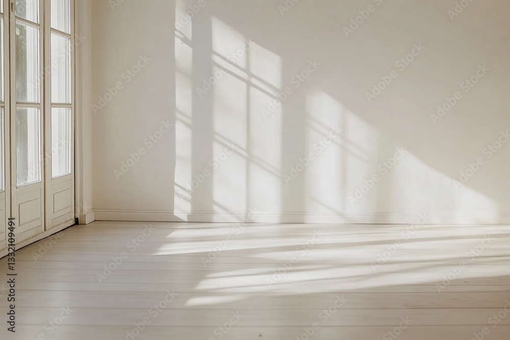 Obraz premium An empty room with natural sunlight streaming through a window, casting shadows on the floor and walls. The space is minimalist and inviting.