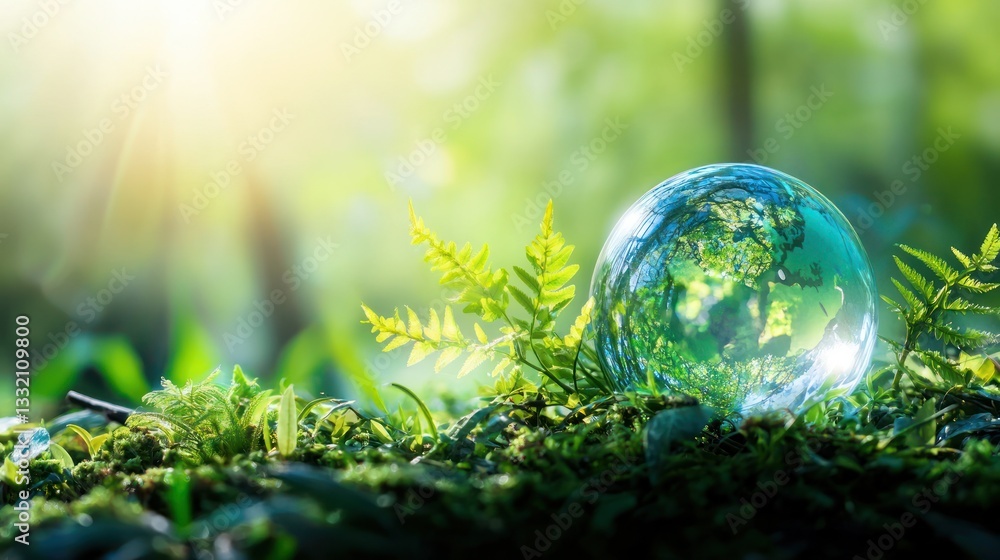 Clear Glass Sphere Reflecting Nature in a Lush Green Environment Clear Glass Sphere Reflecting Nature in a Lush Green Environment