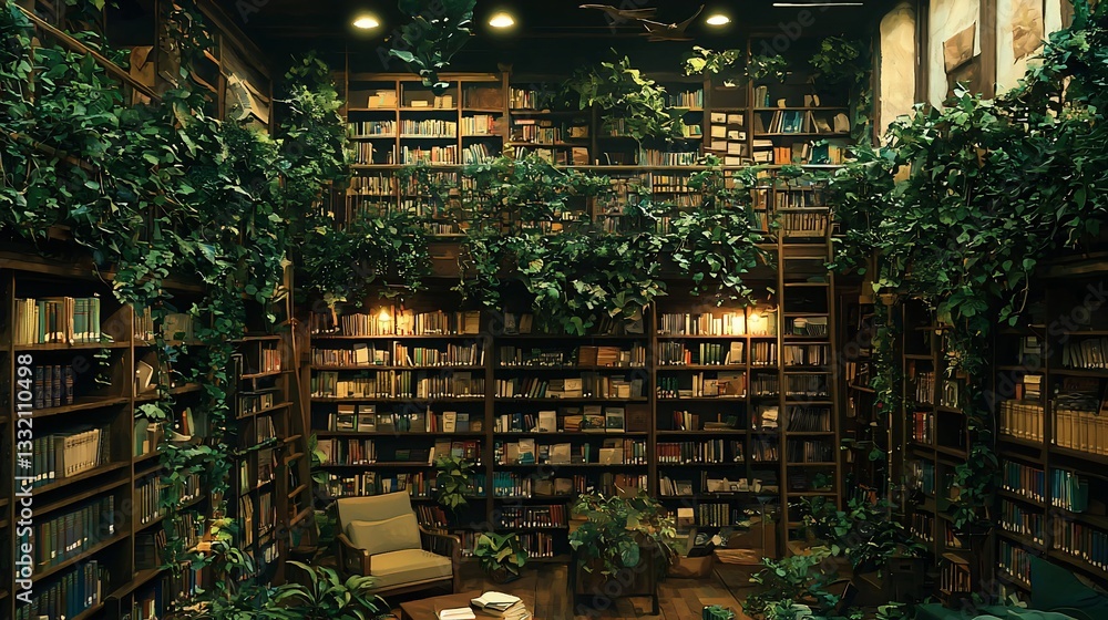 Obraz premium Lush library filled with books and plants