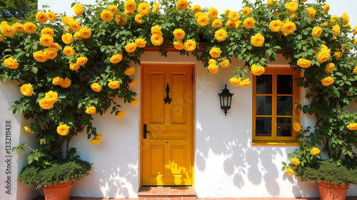 Fototapeta Naklejka Na Ścianę i Meble -  A charming Mediterranean home with a white-washed exterior and a golden-yellow wooden door
