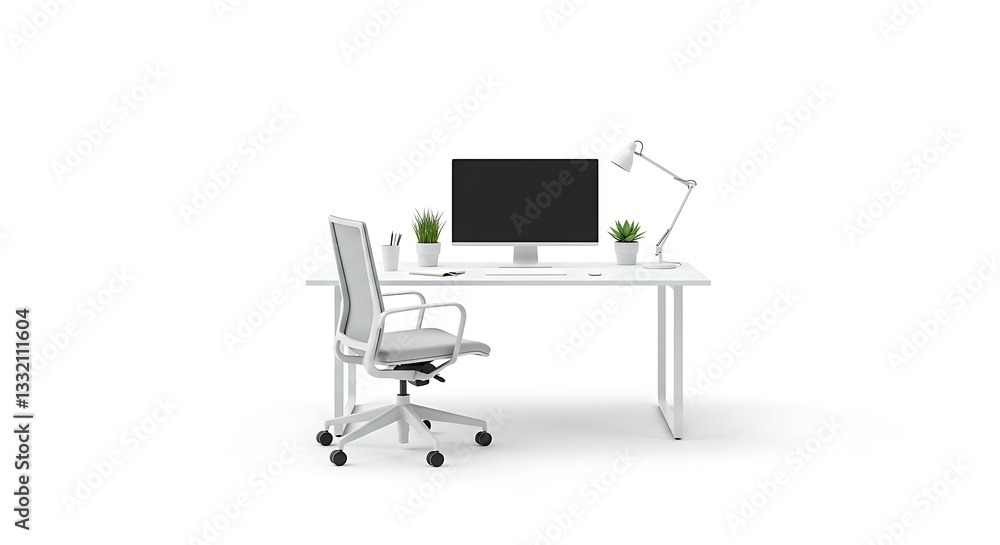Modern Minimalist White Office Desk Setup Workspace Computer lamp home room neat chair clean style Modern Minimalist White Office Desk Setup Workspace Computer lamp home room neat chair clean style