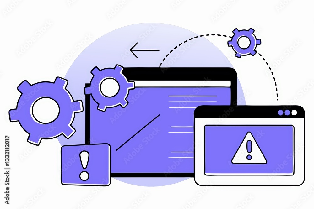 A digital illustration depicting troubleshooting screens with warning signs and gears, symbolizing software issues and system errors.