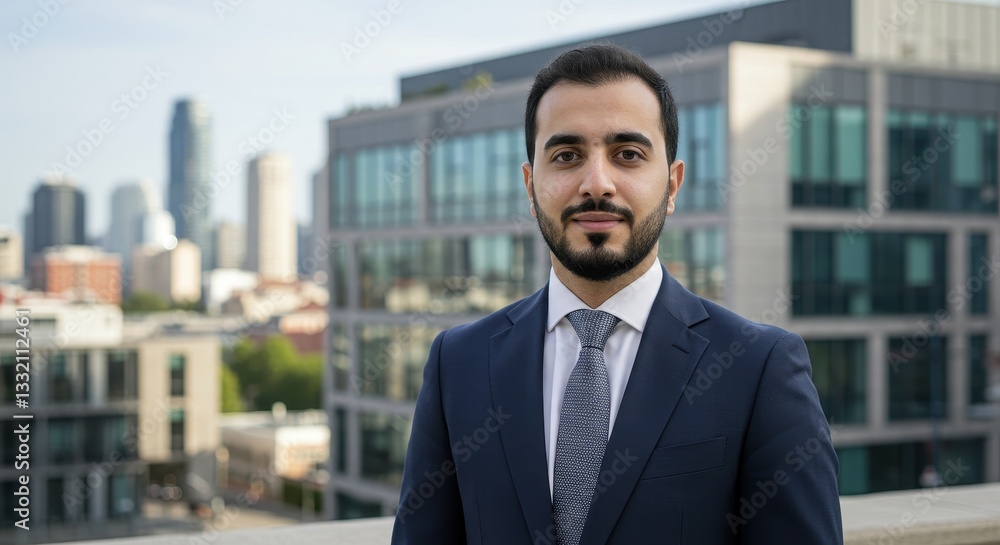 Fototapeta premium A confident man stands on a rooftop, showcasing a clear cityscape filled with modern buildings