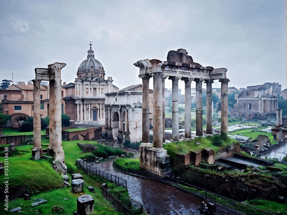 Naklejka premium Roman Forum Ruins Under Cloudy Sky