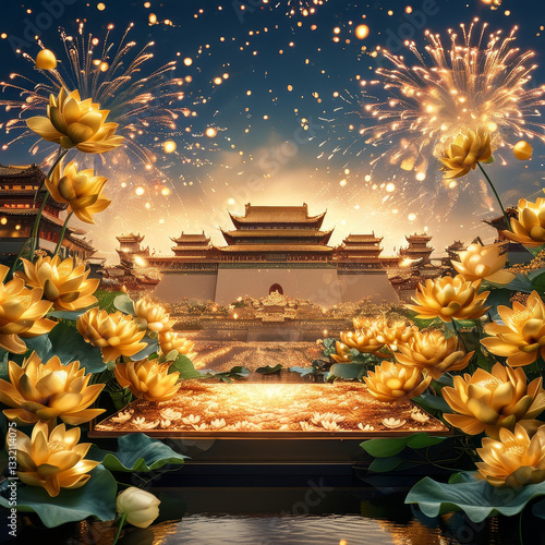 Chinese National Day product display background podium, Golden Lotus Celebration, floral-adorned podium, golden lotus flowers, prosperity and renewal, majestic Chinese palace, fireworks, ad, podium photo