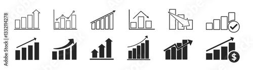 Flat icon of growth graph vector. Economic graphic growth arrow rising. Profit growing symbol, progress bar symbol, growing graph icons.