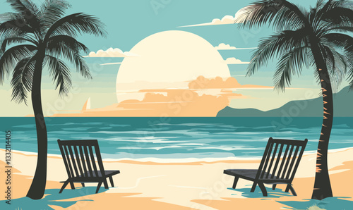 Serene Tropical Beach with Palm Trees and Sun Loungers at Sunset - Tranquil Vector Art