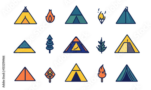 Minimalist Camping Tent Icon Set with Fire and Nature Elements for Outdoor Themes
