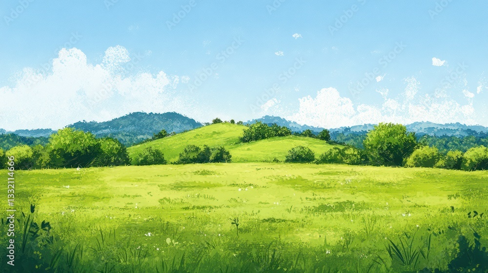 Naklejka premium Lush green meadow, rolling hills, and blue sky.